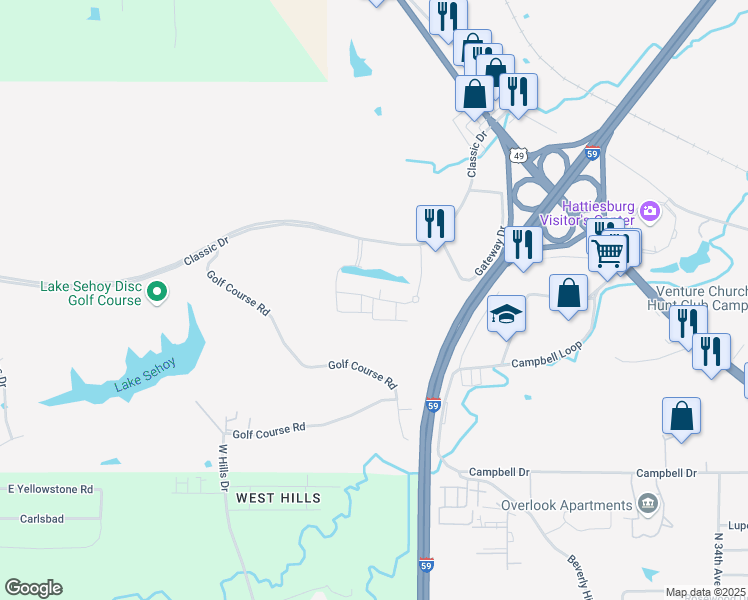 map of restaurants, bars, coffee shops, grocery stores, and more near 100 Breckenridge Drive in Hattiesburg