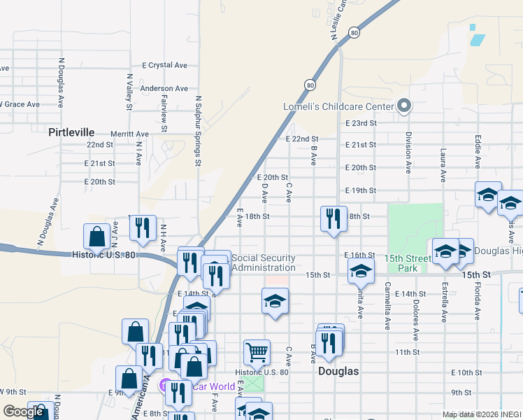 map of restaurants, bars, coffee shops, grocery stores, and more near 808 East 18th Street in Douglas