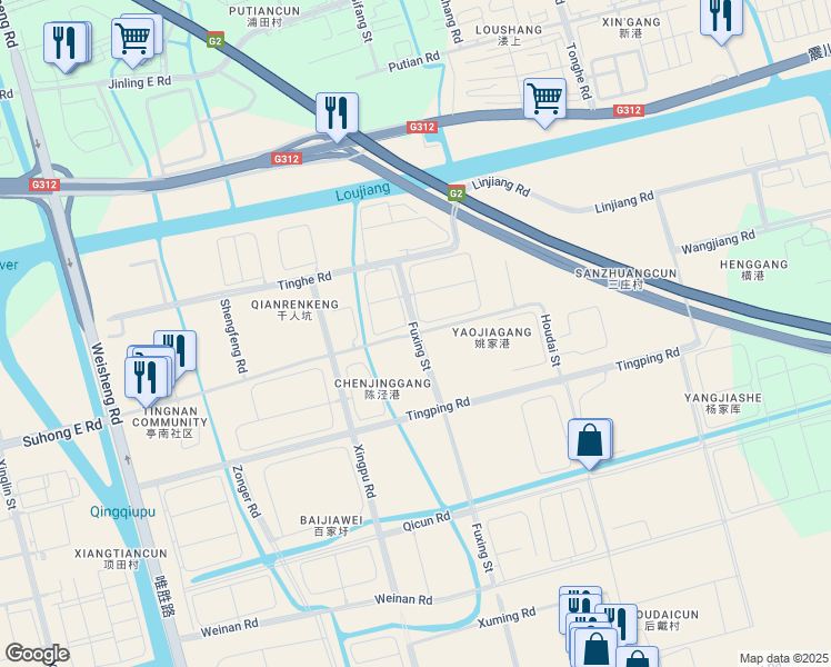 map of restaurants, bars, coffee shops, grocery stores, and more near Fuxing Street in Suzhou Shi