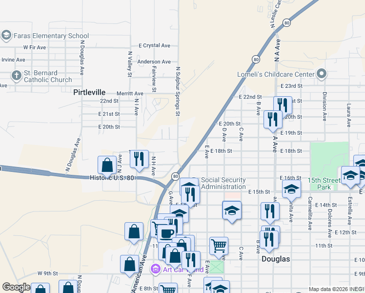 map of restaurants, bars, coffee shops, grocery stores, and more near 1791 North Sulphur Springs Street in Douglas