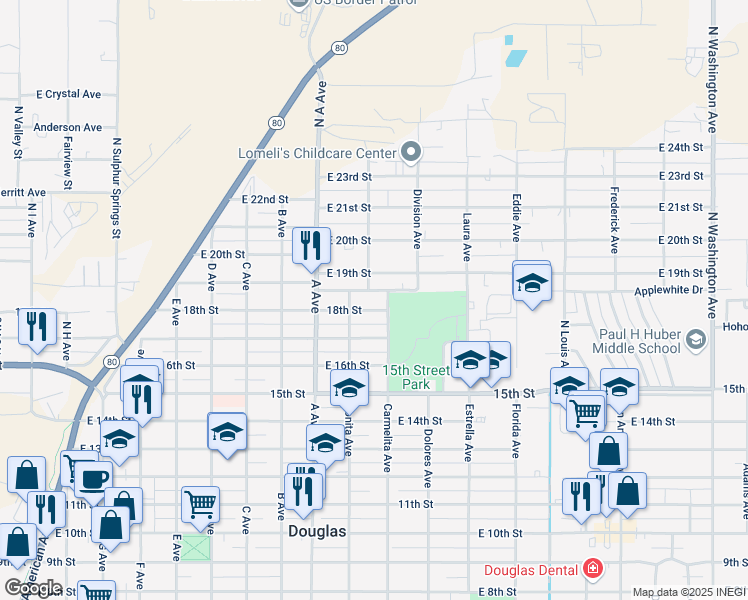 map of restaurants, bars, coffee shops, grocery stores, and more near 1240 East 18th Street in Douglas