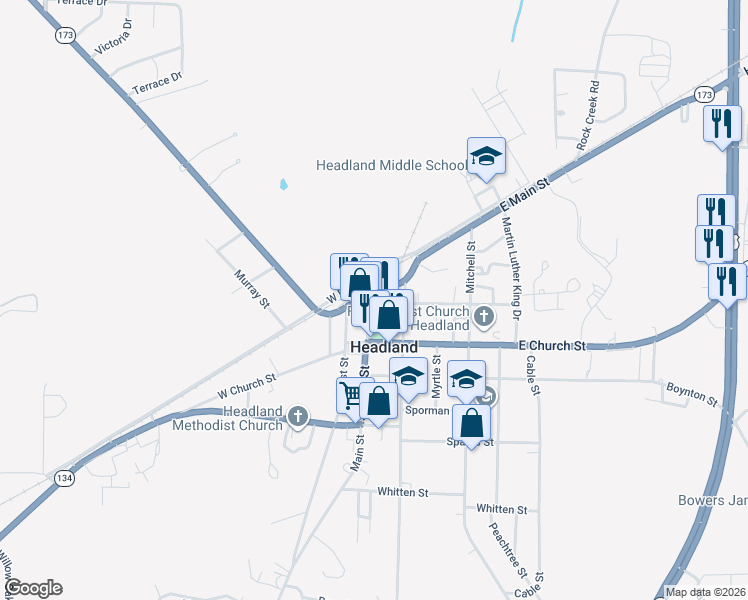 map of restaurants, bars, coffee shops, grocery stores, and more near 22 Main Street in Headland