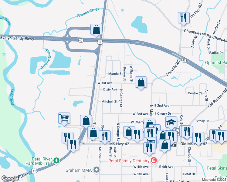 map of restaurants, bars, coffee shops, grocery stores, and more near 213 McKinnon Street in Petal