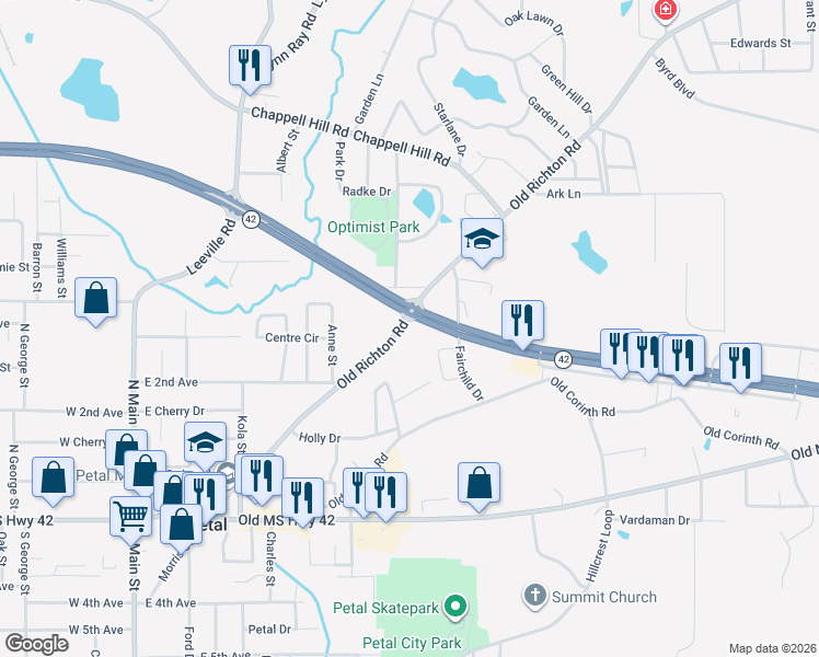 map of restaurants, bars, coffee shops, grocery stores, and more near 100-106 Evelyn Gandy Pkwy in Petal