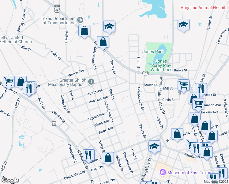 map of restaurants, bars, coffee shops, grocery stores, and more near 612 Hoo Hoo Avenue in Lufkin