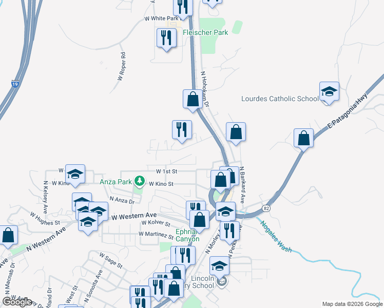map of restaurants, bars, coffee shops, grocery stores, and more near 200 West Peter Anthony Avenue in Nogales