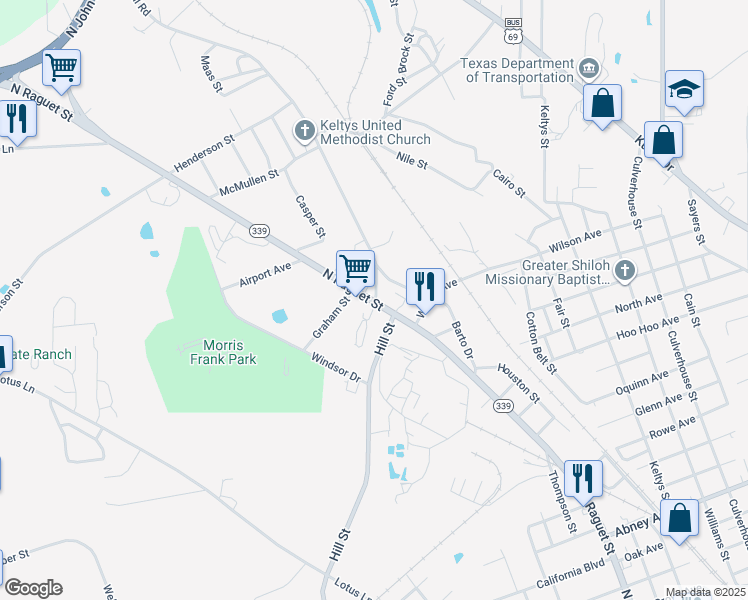 map of restaurants, bars, coffee shops, grocery stores, and more near in Lufkin