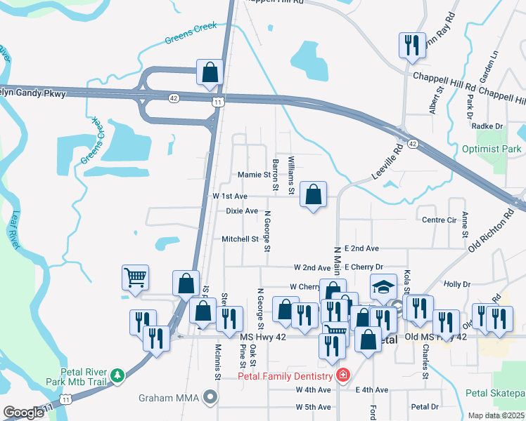 map of restaurants, bars, coffee shops, grocery stores, and more near 213 McKinnon Street in Petal
