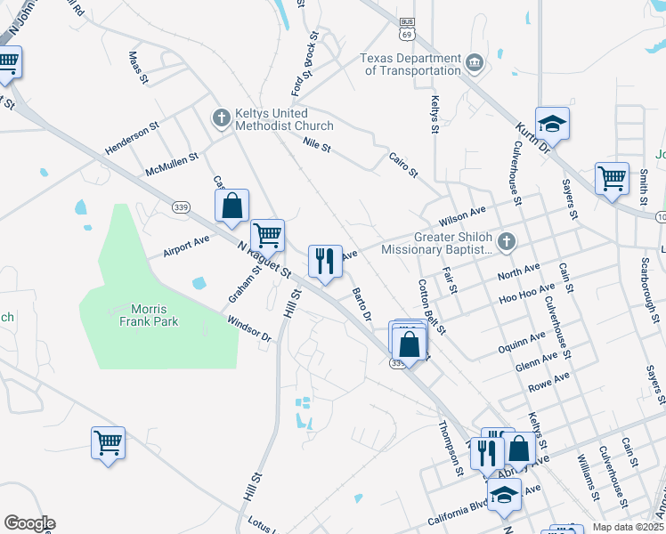 map of restaurants, bars, coffee shops, grocery stores, and more near 1700 Barto Drive in Lufkin
