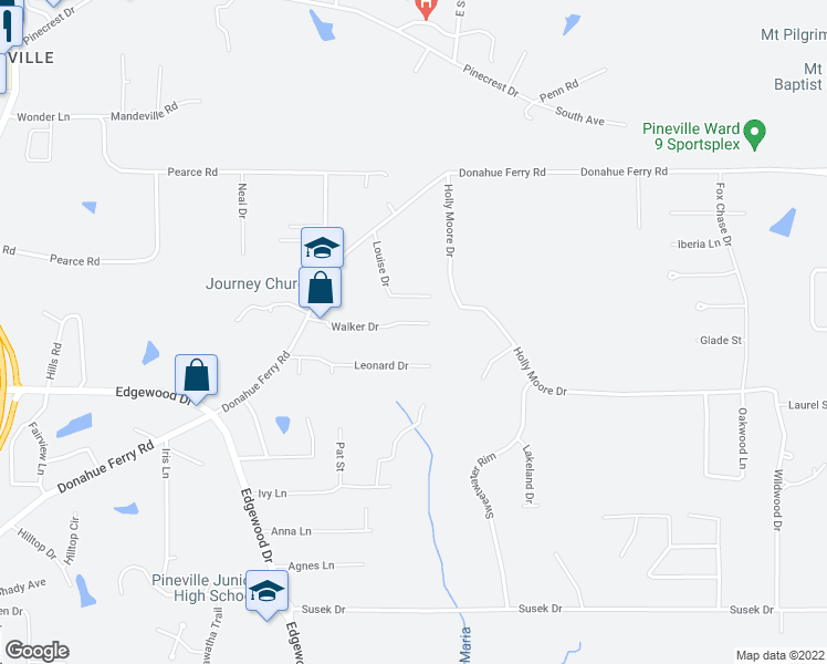map of restaurants, bars, coffee shops, grocery stores, and more near 140 Walker Drive in Pineville