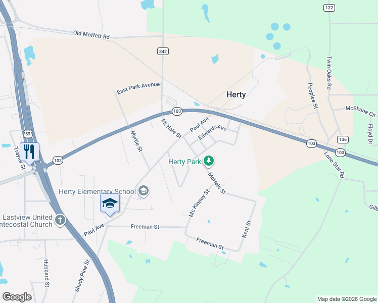 map of restaurants, bars, coffee shops, grocery stores, and more near 3123 Nerren Avenue in Lufkin