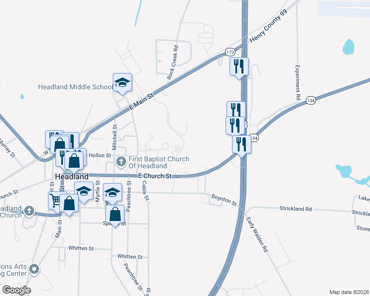 map of restaurants, bars, coffee shops, grocery stores, and more near in Headland
