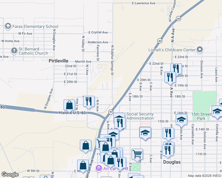 map of restaurants, bars, coffee shops, grocery stores, and more near 1791 North Sulphur Springs Street in Douglas