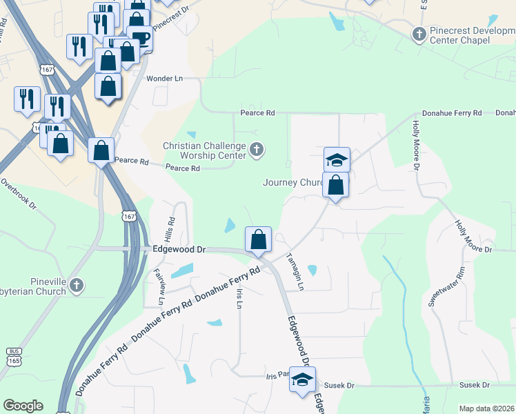 map of restaurants, bars, coffee shops, grocery stores, and more near 726 Edgewood Drive in Pineville