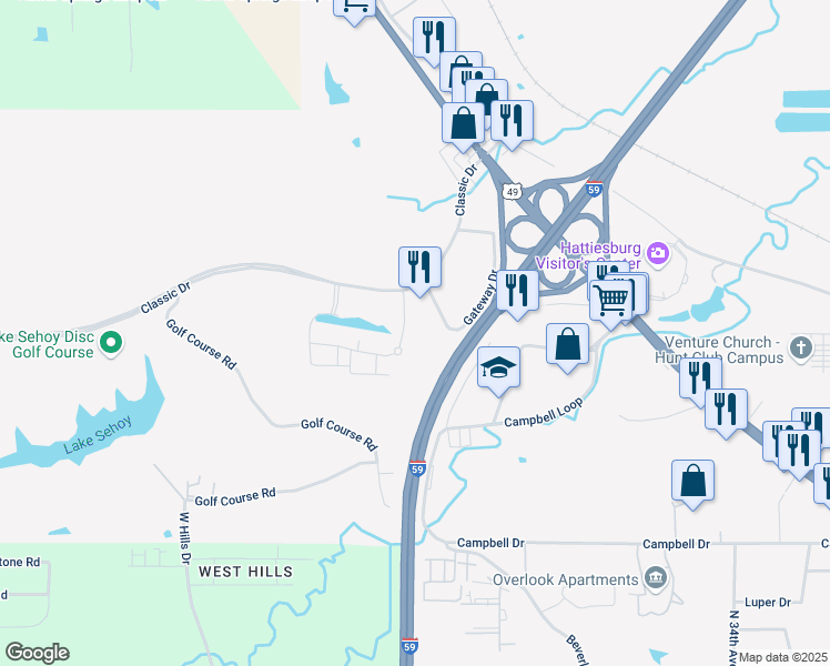 map of restaurants, bars, coffee shops, grocery stores, and more near 111 Breckenridge Dr in Hattiesburg
