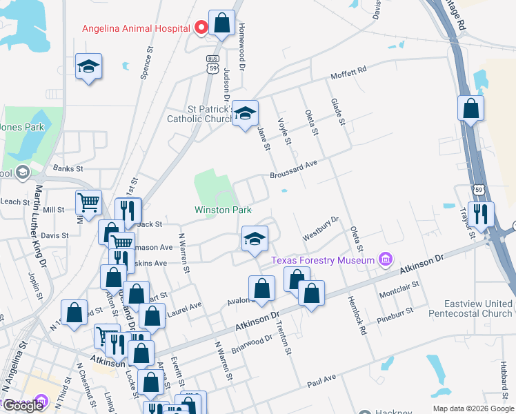 map of restaurants, bars, coffee shops, grocery stores, and more near 702 Clay Avenue in Lufkin