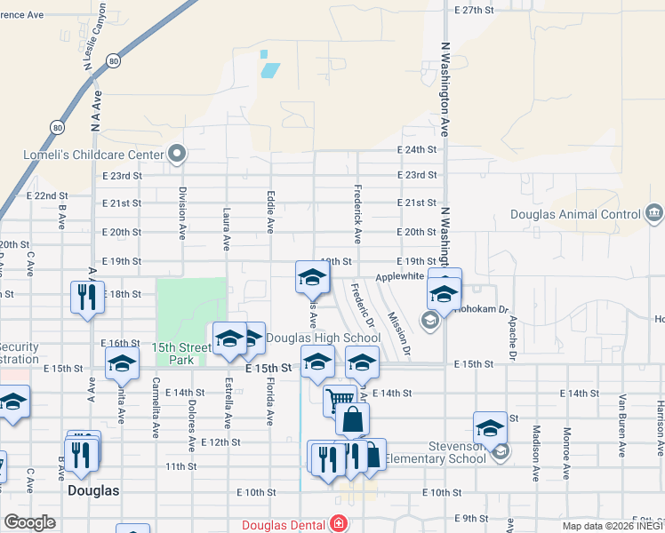 map of restaurants, bars, coffee shops, grocery stores, and more near 1900 North Louis Avenue in Douglas