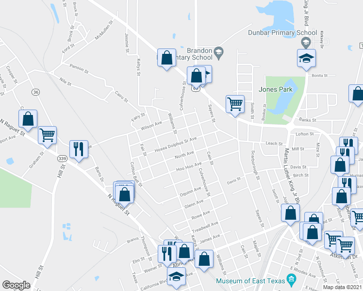 map of restaurants, bars, coffee shops, grocery stores, and more near 1506 Williams Street in Lufkin