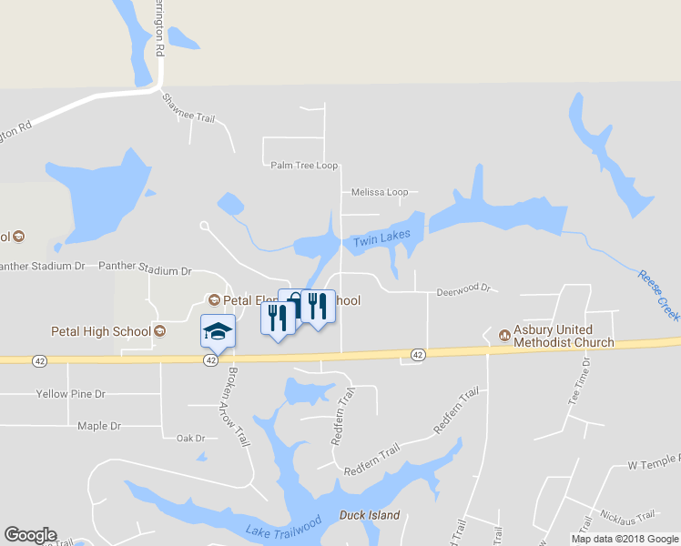 map of restaurants, bars, coffee shops, grocery stores, and more near Twin Lakes Road in Petal