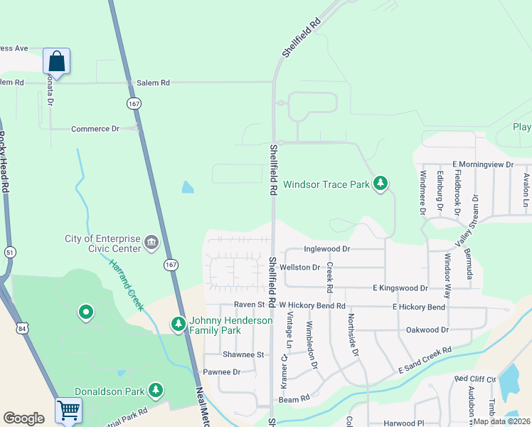 map of restaurants, bars, coffee shops, grocery stores, and more near 2293-2799 Shellfield Road in Enterprise