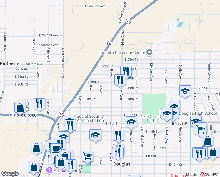 map of restaurants, bars, coffee shops, grocery stores, and more near 1019 East 20th Street in Douglas