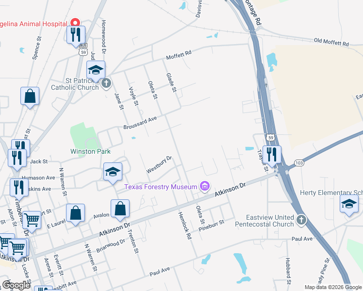 map of restaurants, bars, coffee shops, grocery stores, and more near 1010 Oleta Avenue in Lufkin