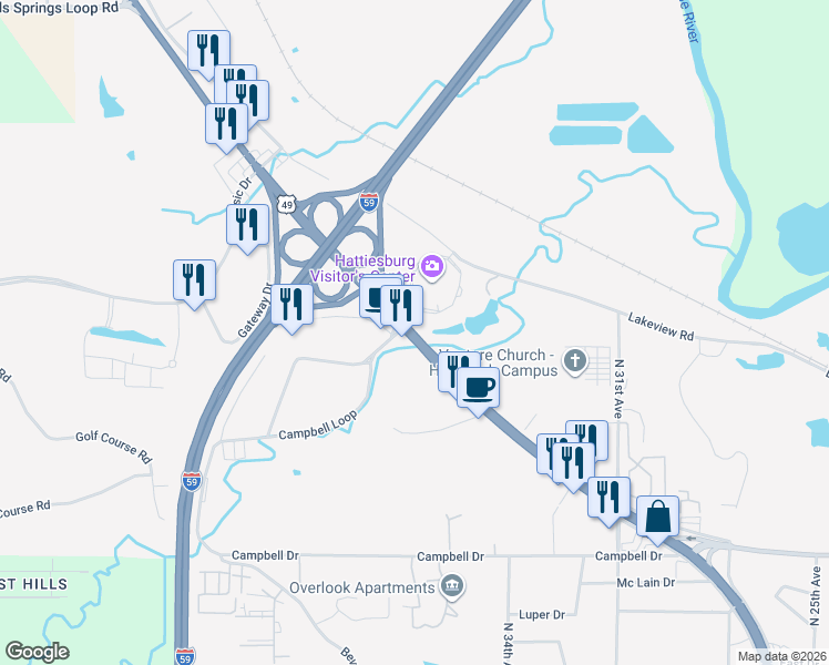 map of restaurants, bars, coffee shops, grocery stores, and more near 6278 U.S. Highway 49 in Hattiesburg