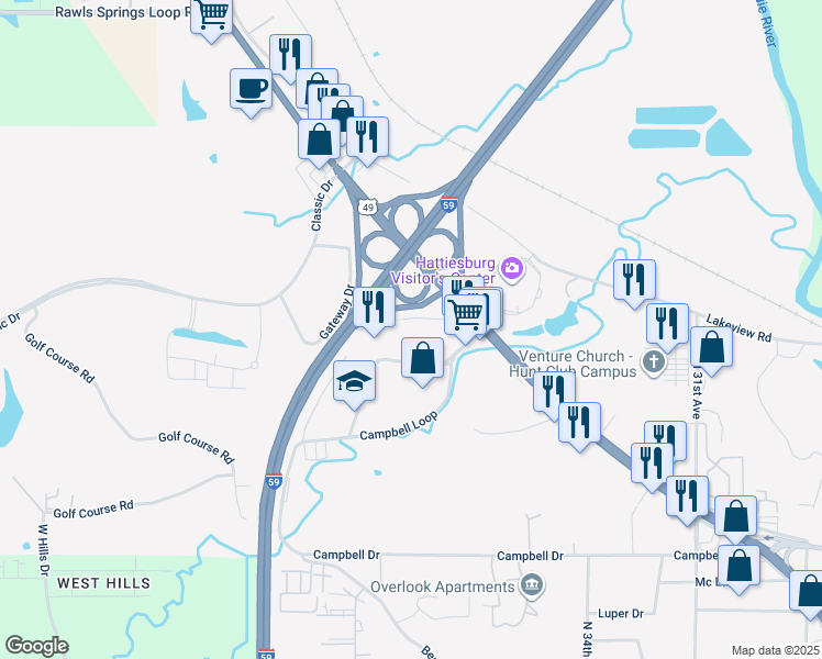map of restaurants, bars, coffee shops, grocery stores, and more near in Hattiesburg