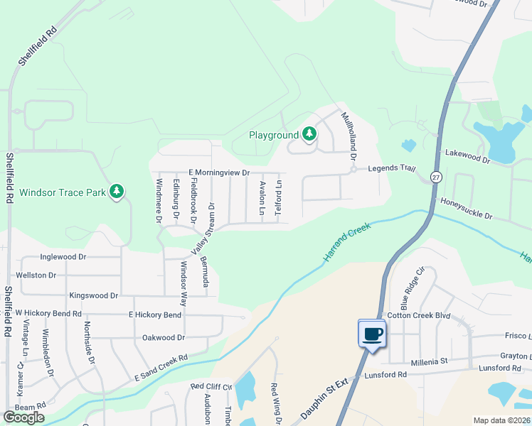 map of restaurants, bars, coffee shops, grocery stores, and more near 104 Avalon Lane in Enterprise