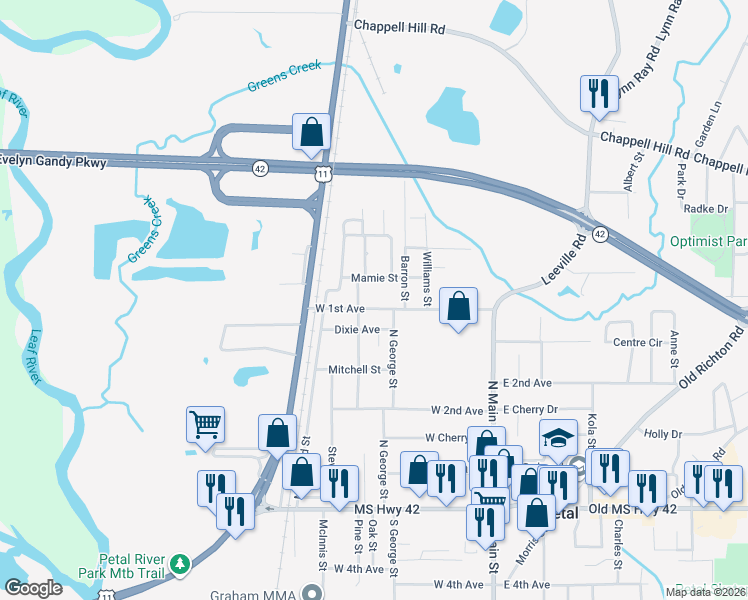 map of restaurants, bars, coffee shops, grocery stores, and more near 310 W 1st Ave in Petal