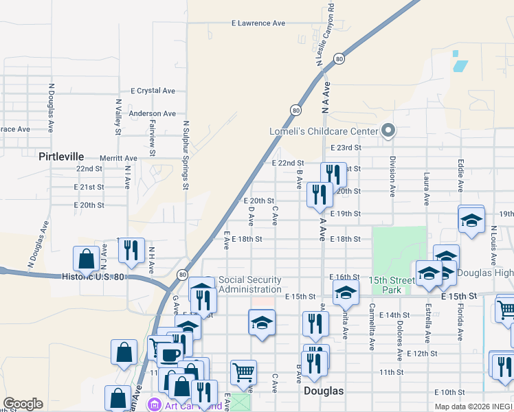 map of restaurants, bars, coffee shops, grocery stores, and more near 805 East 20th Street in Douglas
