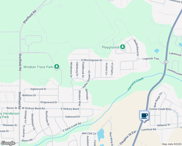 map of restaurants, bars, coffee shops, grocery stores, and more near 307 Valley Stream Drive in Enterprise