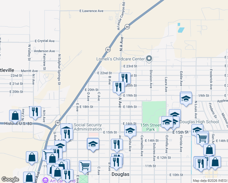 map of restaurants, bars, coffee shops, grocery stores, and more near 1019 East 20th Street in Douglas