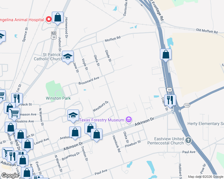 map of restaurants, bars, coffee shops, grocery stores, and more near 1010 Oleta Avenue in Lufkin