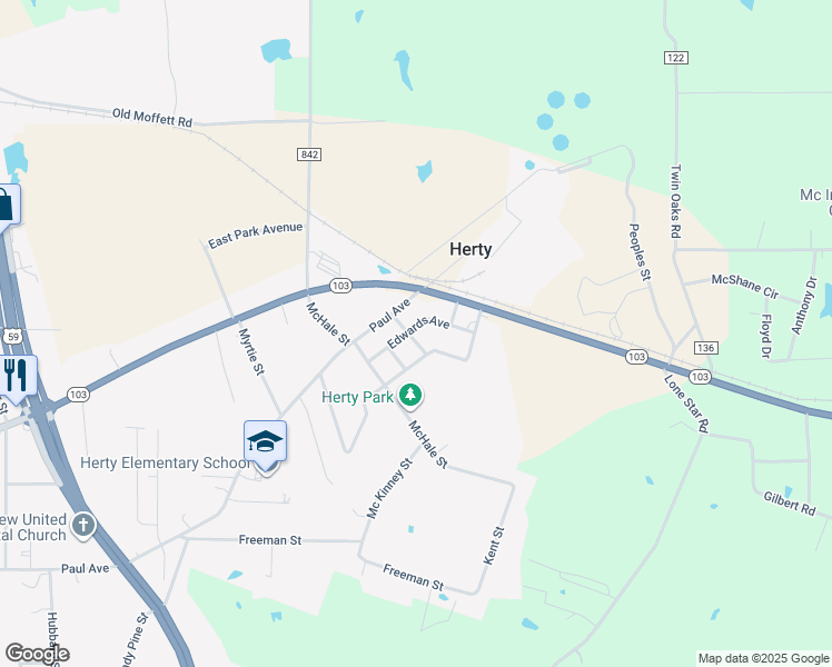 map of restaurants, bars, coffee shops, grocery stores, and more near 3402 Edwards Avenue in Lufkin