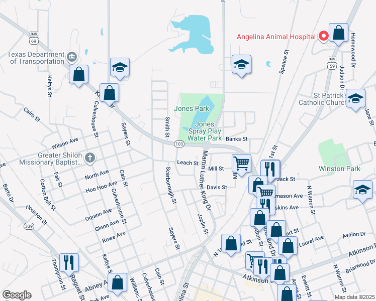 map of restaurants, bars, coffee shops, grocery stores, and more near 507 Kurth Drive in Lufkin