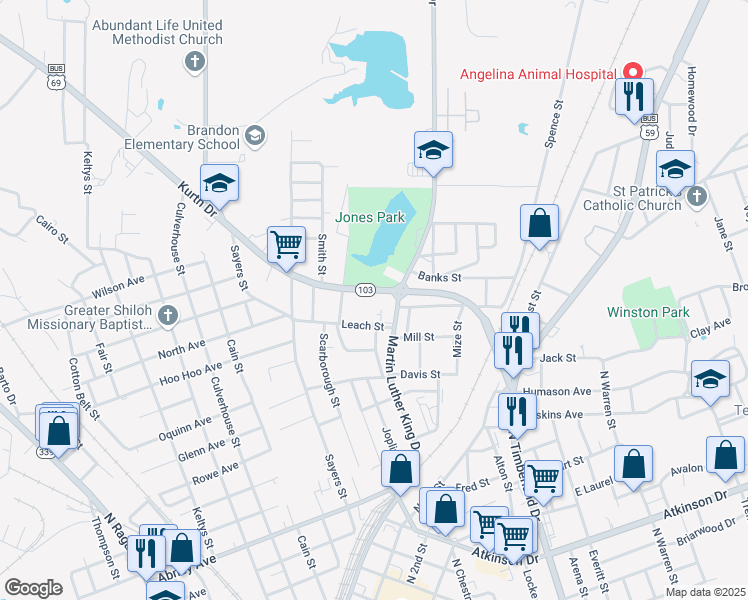 map of restaurants, bars, coffee shops, grocery stores, and more near 507 Kurth Drive in Lufkin