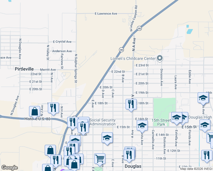 map of restaurants, bars, coffee shops, grocery stores, and more near 805 East 20th Street in Douglas