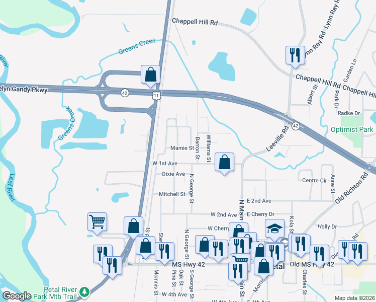 map of restaurants, bars, coffee shops, grocery stores, and more near 310 W 1st Ave in Petal