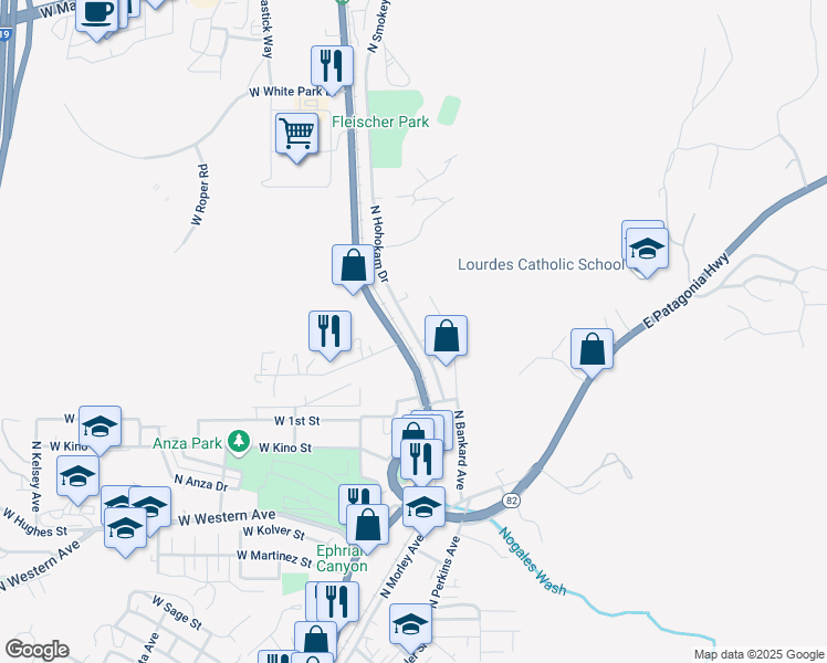 map of restaurants, bars, coffee shops, grocery stores, and more near 1260 North Hohokam Drive in Nogales