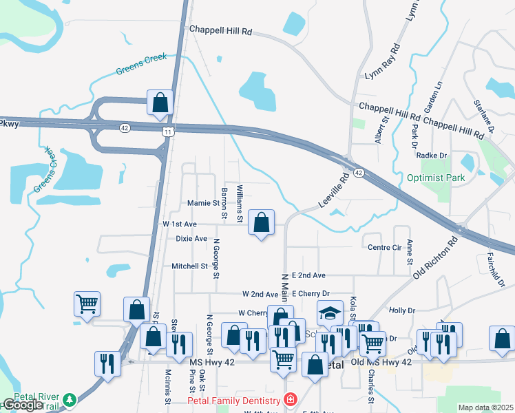 map of restaurants, bars, coffee shops, grocery stores, and more near 122 West 1st Avenue in Petal