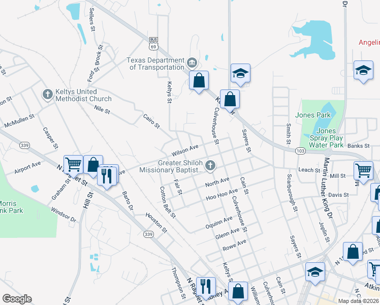 map of restaurants, bars, coffee shops, grocery stores, and more near 1950 Wilson Alley in Lufkin
