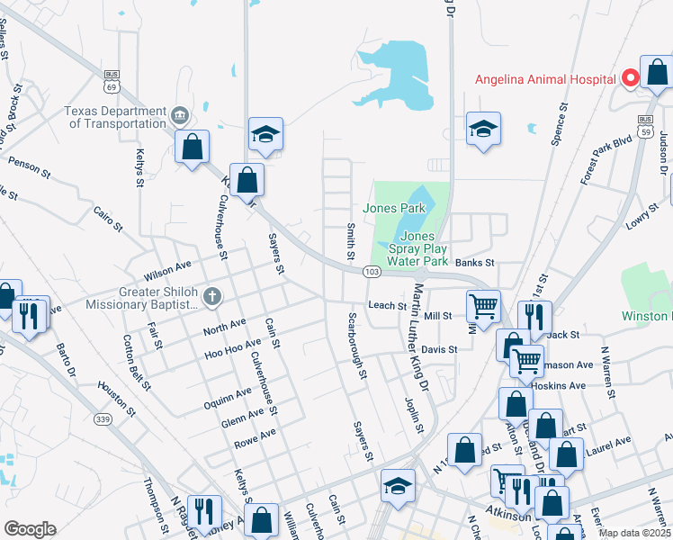 map of restaurants, bars, coffee shops, grocery stores, and more near 802/804 Kurth Drive in Lufkin