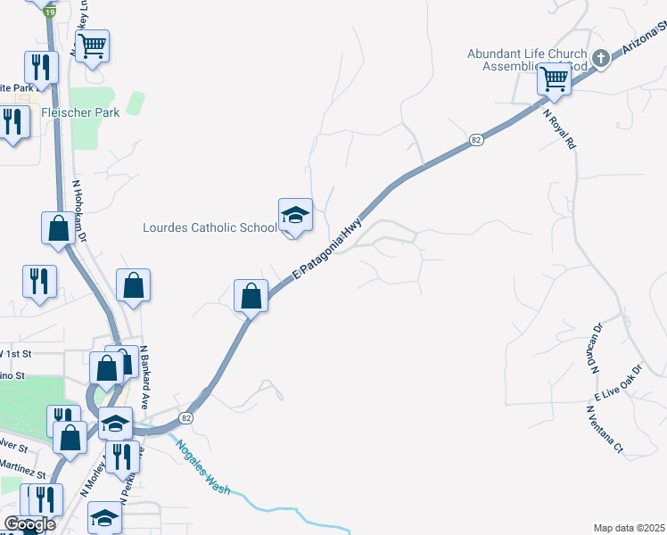 map of restaurants, bars, coffee shops, grocery stores, and more near 610 East Patagonia Highway in Nogales