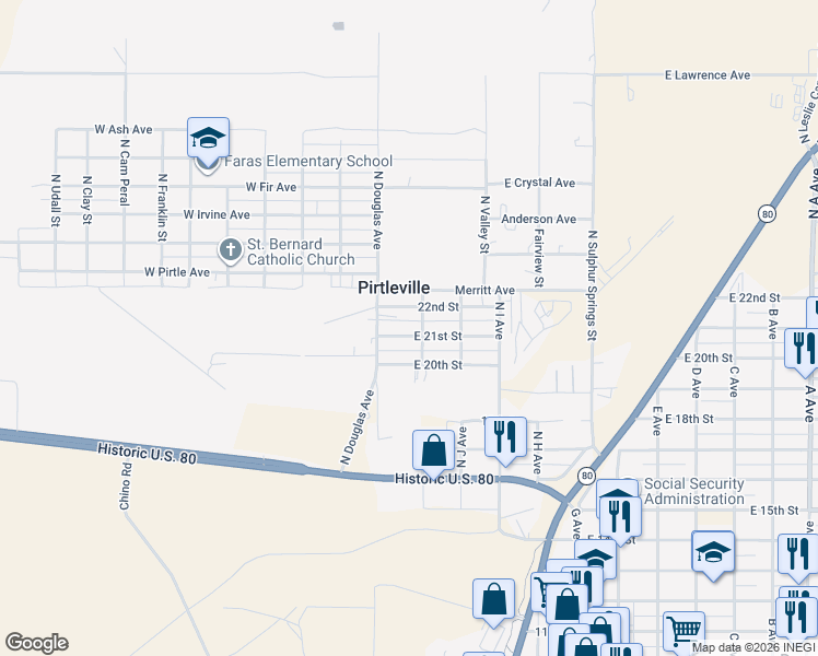 map of restaurants, bars, coffee shops, grocery stores, and more near 21 22nd Street in Douglas