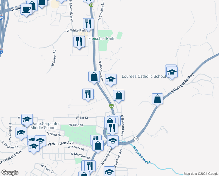 map of restaurants, bars, coffee shops, grocery stores, and more near 1260 North Hohokam Drive in Nogales