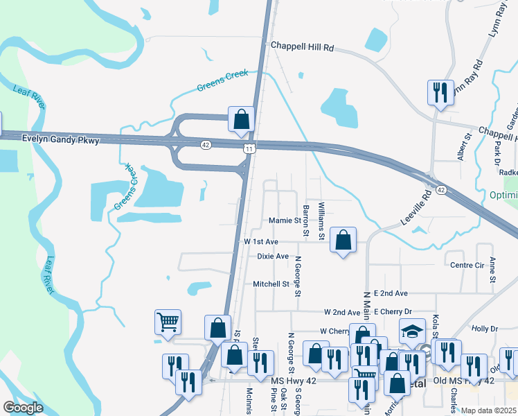 map of restaurants, bars, coffee shops, grocery stores, and more near 105 Waverly Drive in Petal