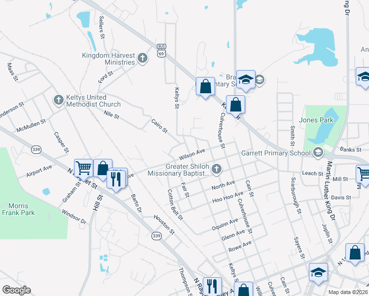 map of restaurants, bars, coffee shops, grocery stores, and more near 1909 Keltys Street in Lufkin