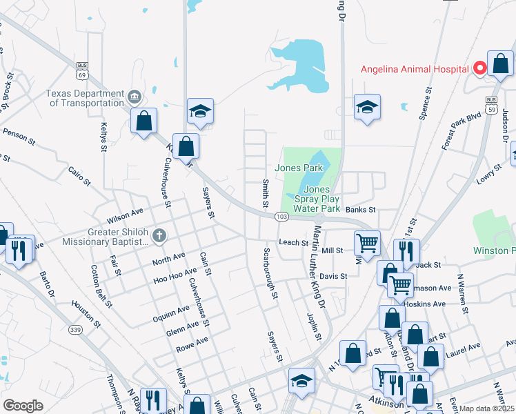map of restaurants, bars, coffee shops, grocery stores, and more near 802-804 Kurth Drive in Lufkin