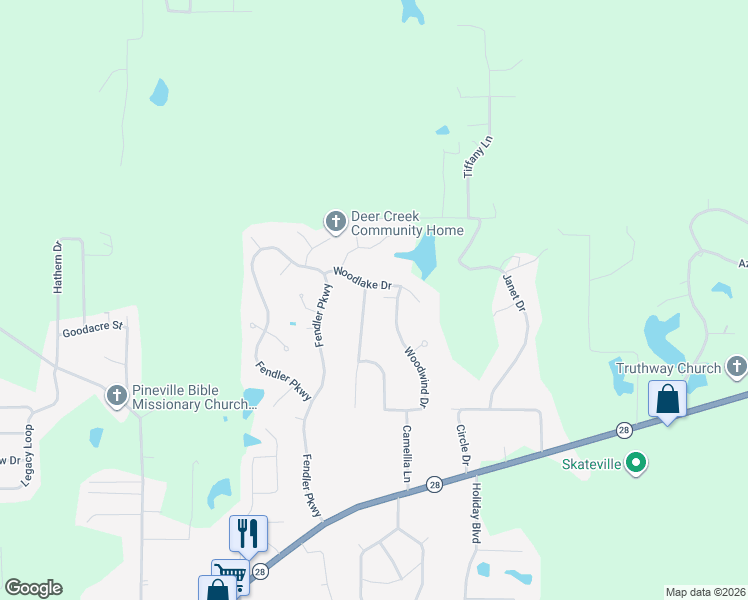 map of restaurants, bars, coffee shops, grocery stores, and more near 103 Pinewood Avenue in Pineville